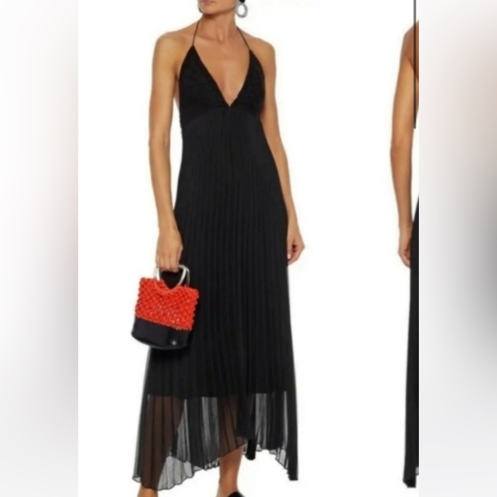 Alice and Olivia handkerchief hem black halter maxi dress with crochet bodice